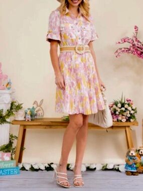 Pink & Yellow Floral Pleated Shirt Dress